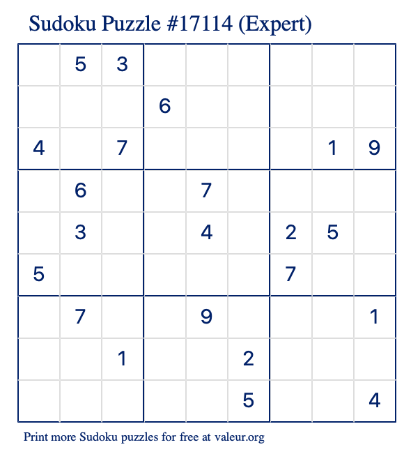 Free Printable Expert Sudoku Puzzle number 17114