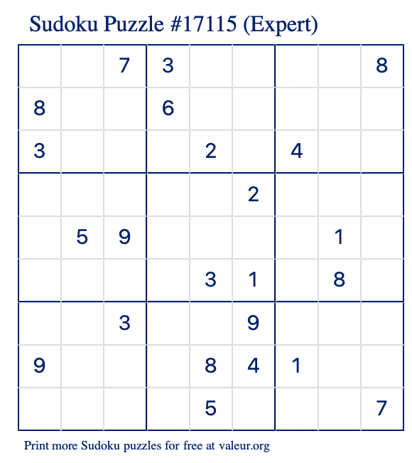Free Printable Expert Sudoku Puzzle number 17115