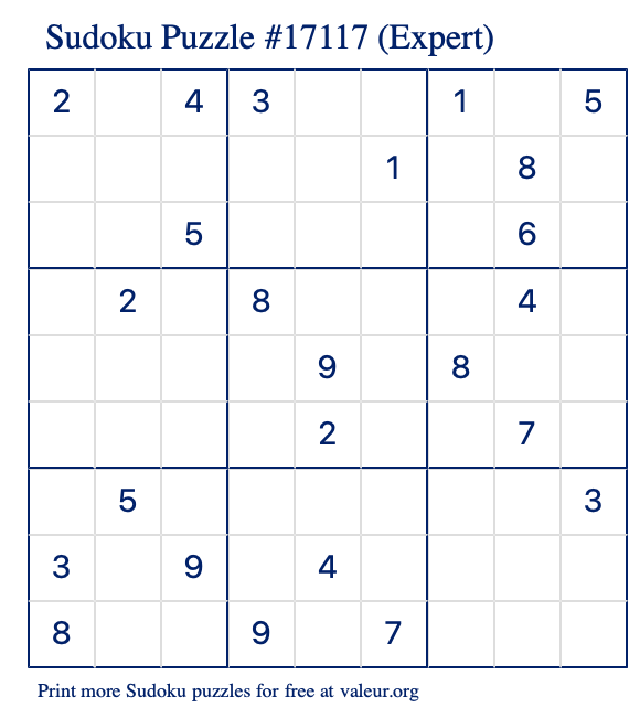 Free Printable Expert Sudoku Puzzle number 17117