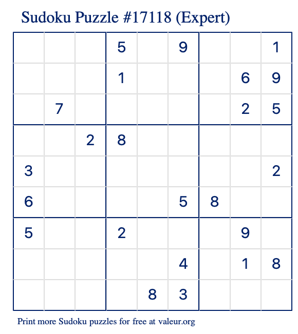 Free Printable Expert Sudoku Puzzle number 17118