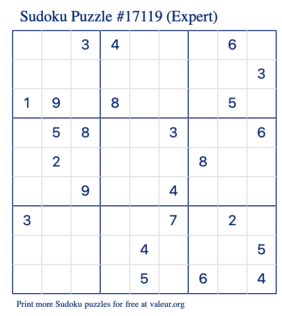 Free Printable Expert Sudoku Puzzle number 17119