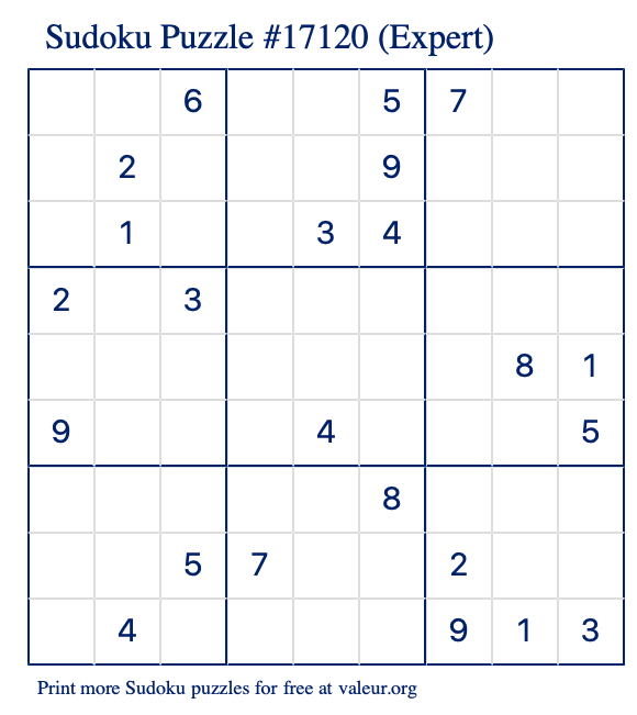 Free Printable Expert Sudoku Puzzle number 17120