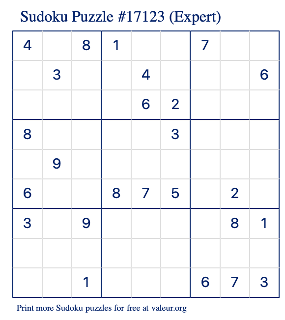 Free Printable Expert Sudoku Puzzle number 17123