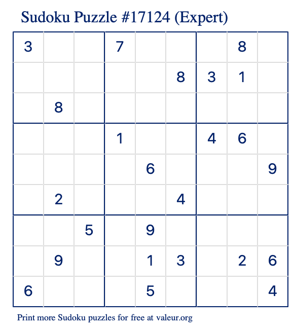 Free Printable Expert Sudoku Puzzle number 17124