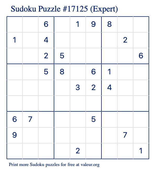 Free Printable Expert Sudoku Puzzle number 17125