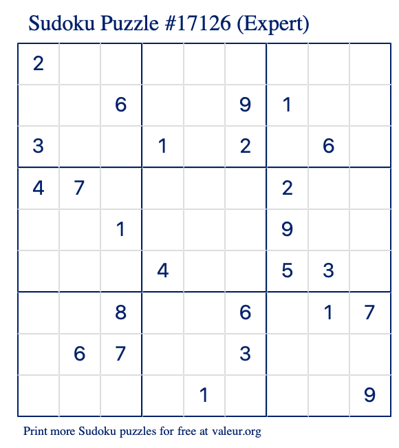 Free Printable Expert Sudoku Puzzle number 17126