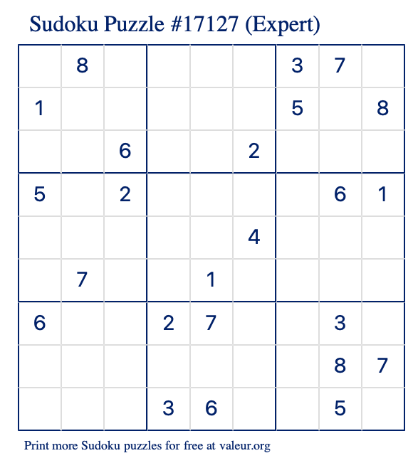 Free Printable Expert Sudoku Puzzle number 17127