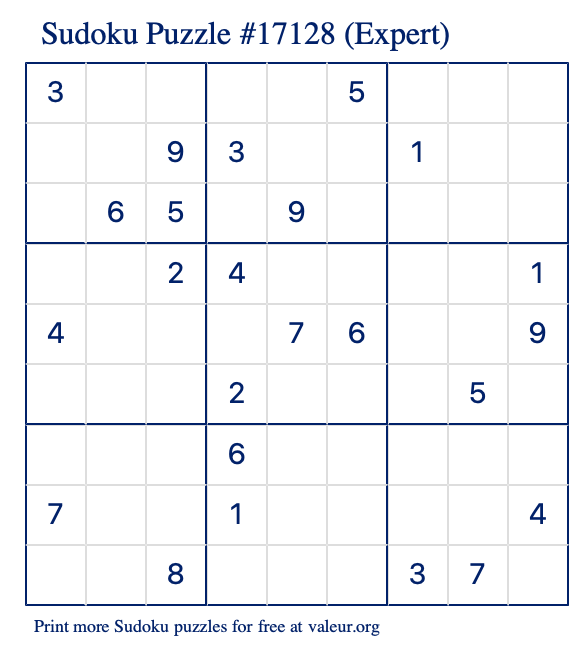 Free Printable Expert Sudoku Puzzle number 17128