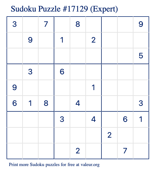 Free Printable Expert Sudoku Puzzle number 17129