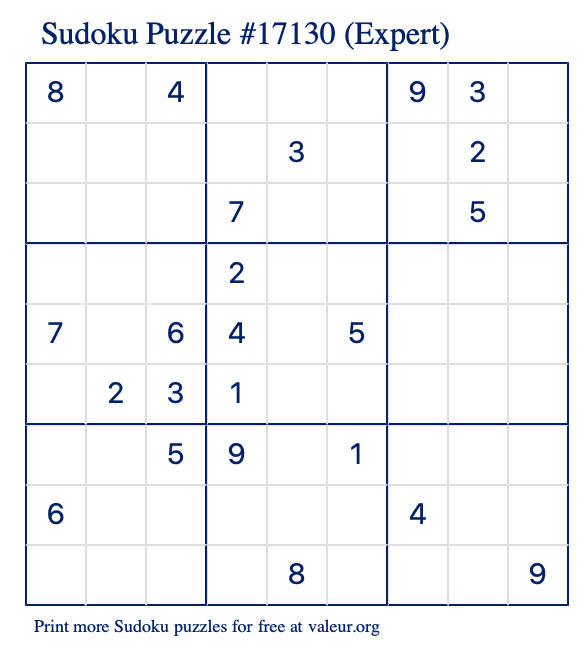 Free Printable Expert Sudoku Puzzle number 17130
