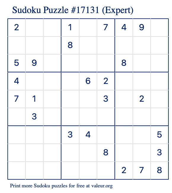 Free Printable Expert Sudoku Puzzle number 17131