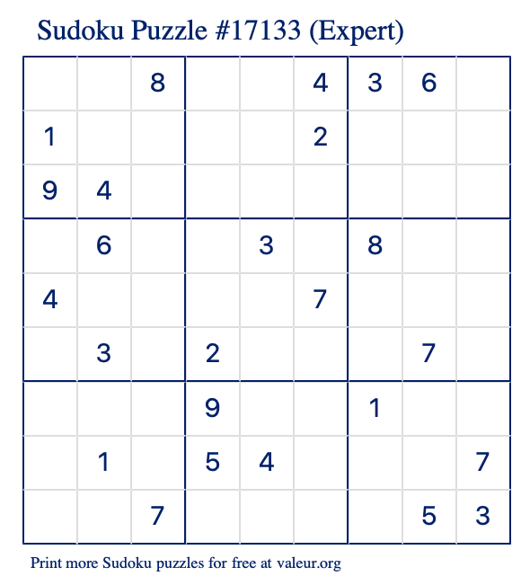 Free Printable Expert Sudoku Puzzle number 17133