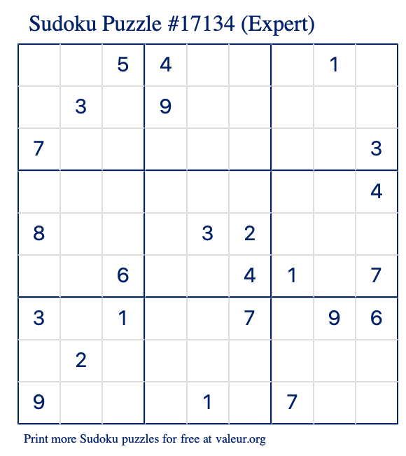 Free Printable Expert Sudoku Puzzle number 17134
