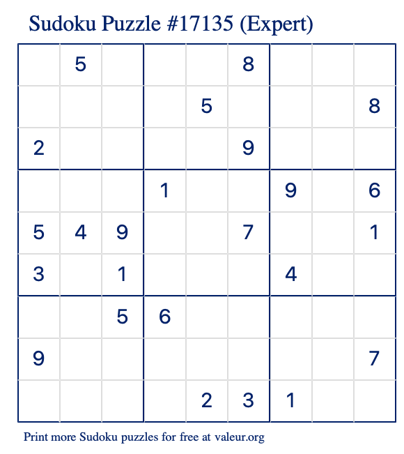 Free Printable Expert Sudoku Puzzle number 17135
