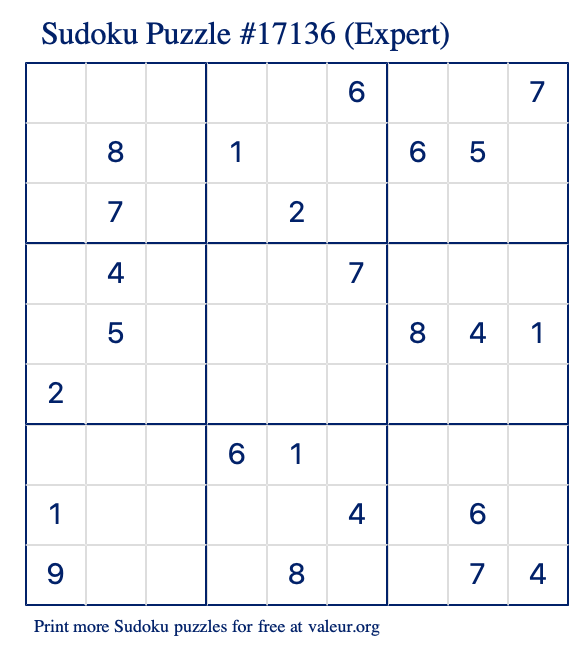 Free Printable Expert Sudoku Puzzle number 17136
