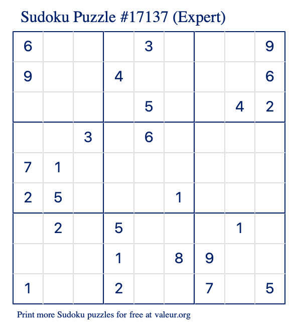 Free Printable Expert Sudoku Puzzle number 17137