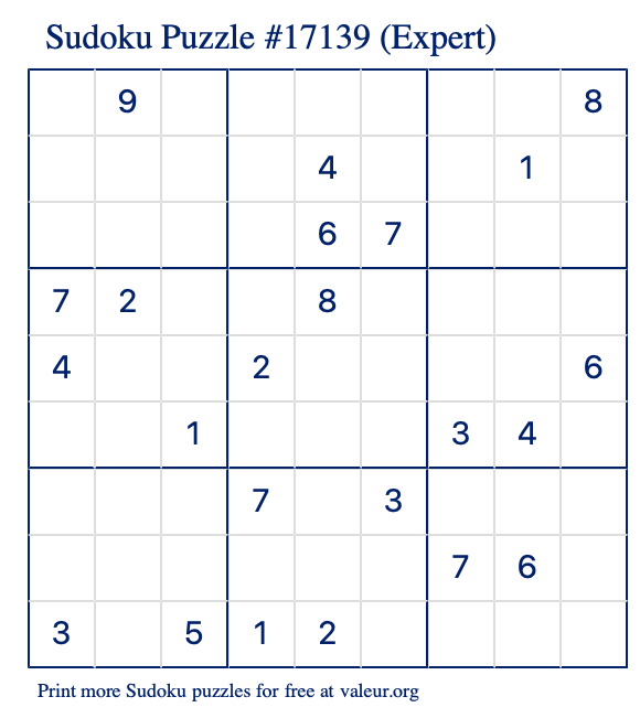 Free Printable Expert Sudoku Puzzle number 17139