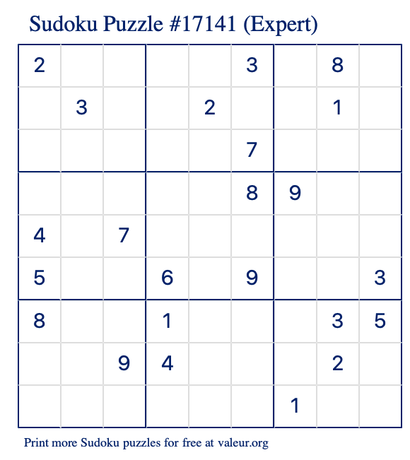 Free Printable Expert Sudoku Puzzle number 17141