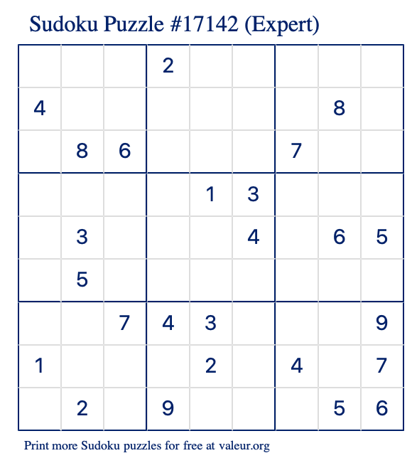 Free Printable Expert Sudoku Puzzle number 17142