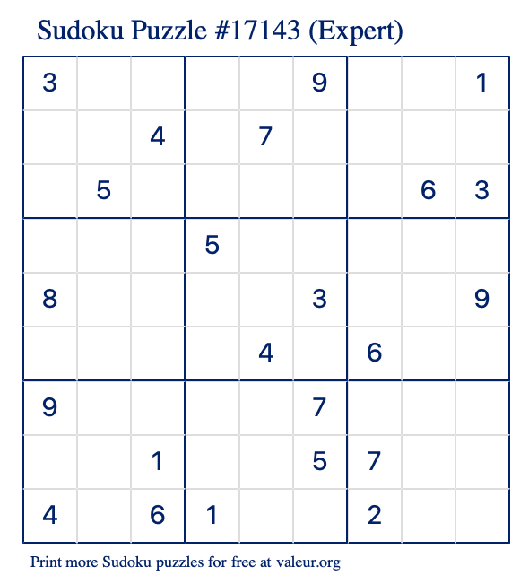 Free Printable Expert Sudoku Puzzle number 17143