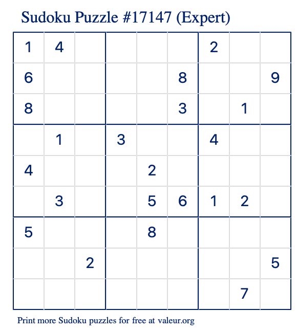 Free Printable Expert Sudoku Puzzle number 17147