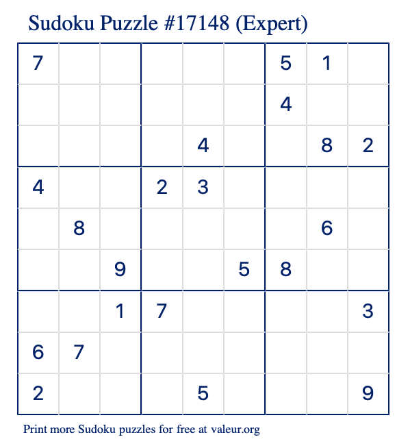 Free Printable Expert Sudoku Puzzle number 17148