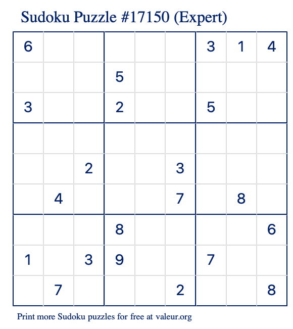 Free Printable Expert Sudoku Puzzle number 17150