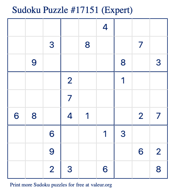 Free Printable Expert Sudoku Puzzle number 17151