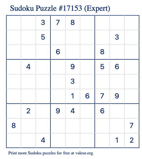 Free Printable Expert Sudoku Puzzle number 17153