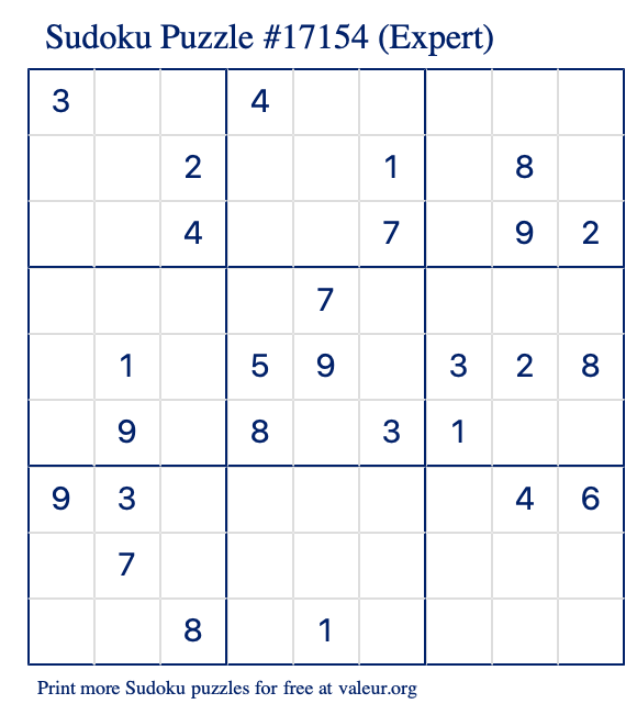 Free Printable Expert Sudoku Puzzle number 17154