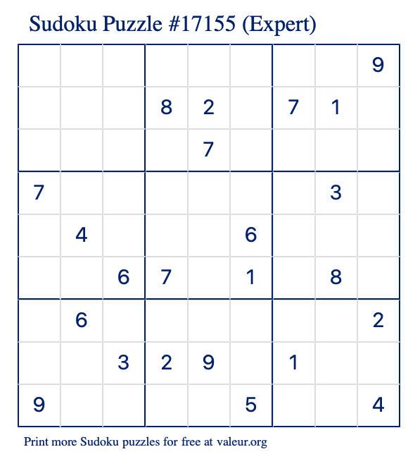 Free Printable Expert Sudoku Puzzle number 17155