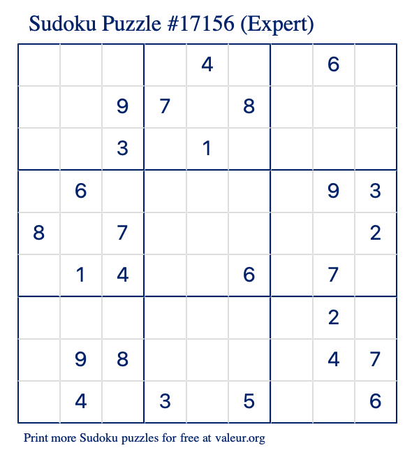 Free Printable Expert Sudoku Puzzle number 17156