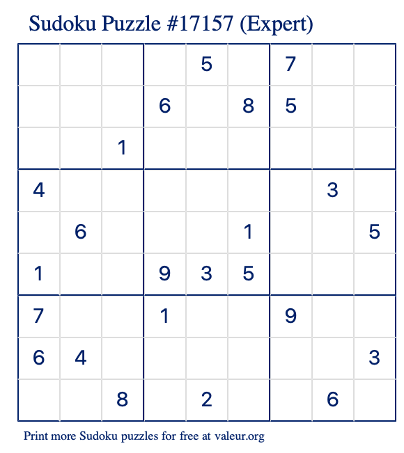 Free Printable Expert Sudoku Puzzle number 17157