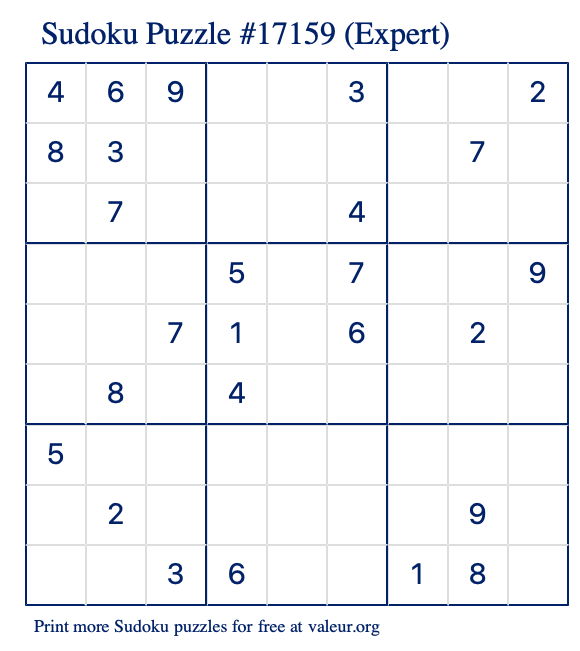 Free Printable Expert Sudoku Puzzle number 17159