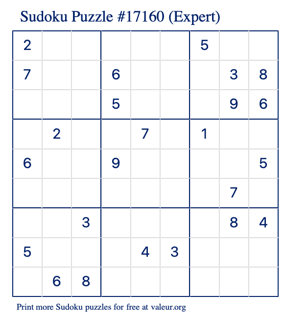 Free Printable Expert Sudoku Puzzle number 17160