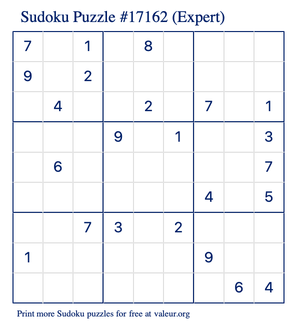 Free Printable Expert Sudoku Puzzle number 17162