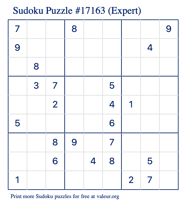 Free Printable Expert Sudoku Puzzle number 17163