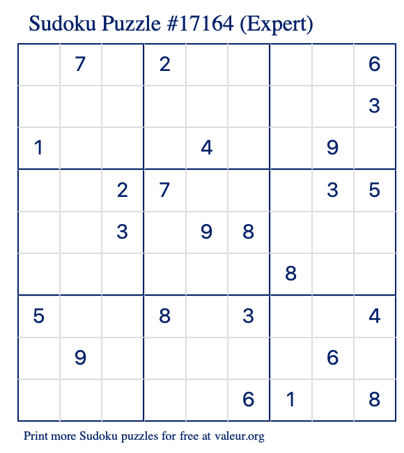 Free Printable Expert Sudoku Puzzle number 17164