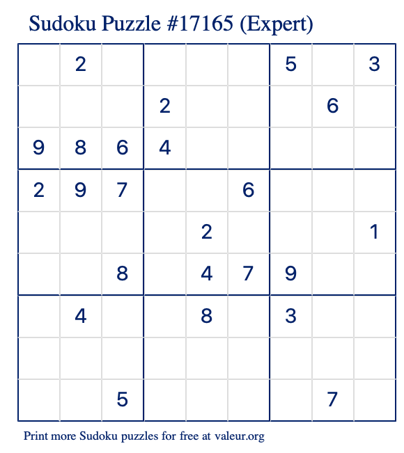 Free Printable Expert Sudoku Puzzle number 17165
