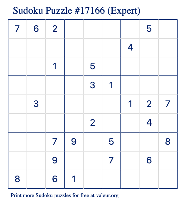 Free Printable Expert Sudoku Puzzle number 17166