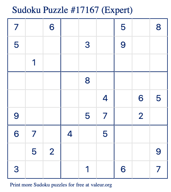 Free Printable Expert Sudoku Puzzle number 17167