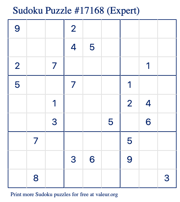 Free Printable Expert Sudoku Puzzle number 17168