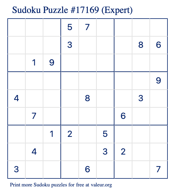 Free Printable Expert Sudoku Puzzle number 17169