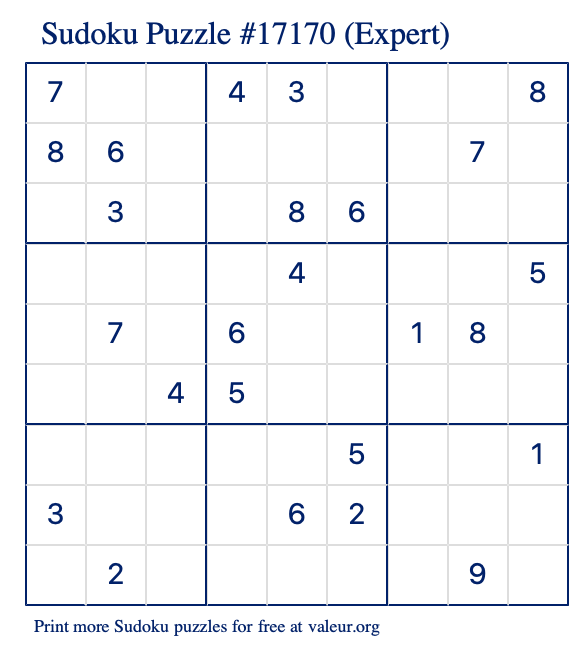 Free Printable Expert Sudoku Puzzle number 17170
