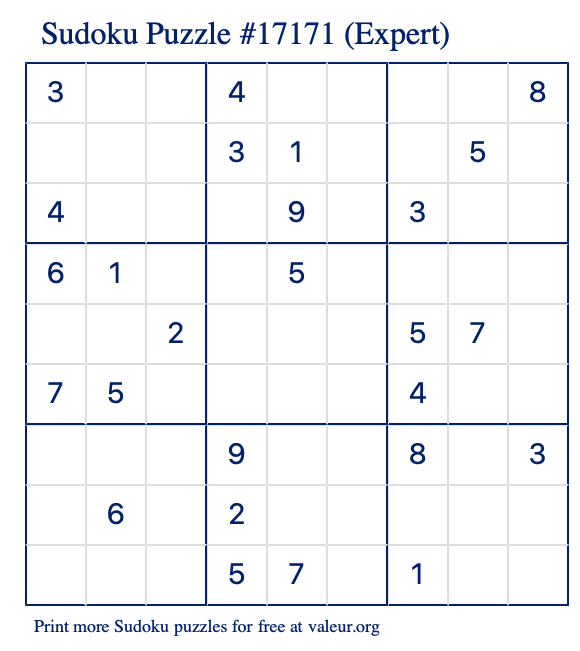 Free Printable Expert Sudoku Puzzle number 17171
