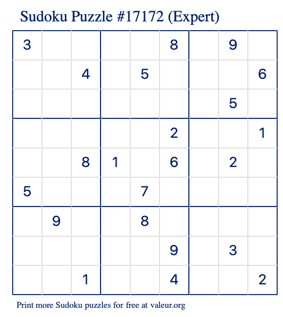Free Printable Expert Sudoku Puzzle number 17172