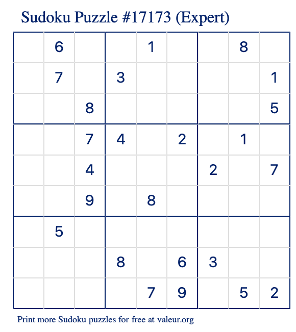 Free Printable Expert Sudoku Puzzle number 17173