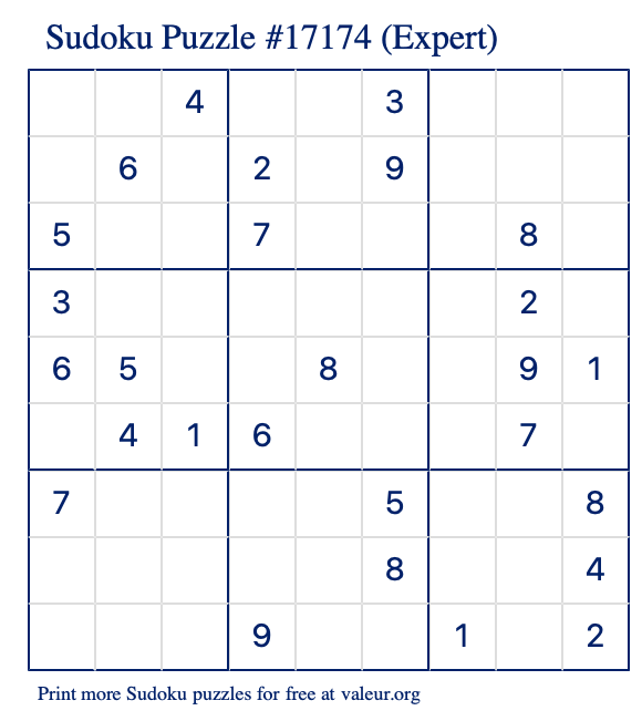 Free Printable Expert Sudoku Puzzle number 17174