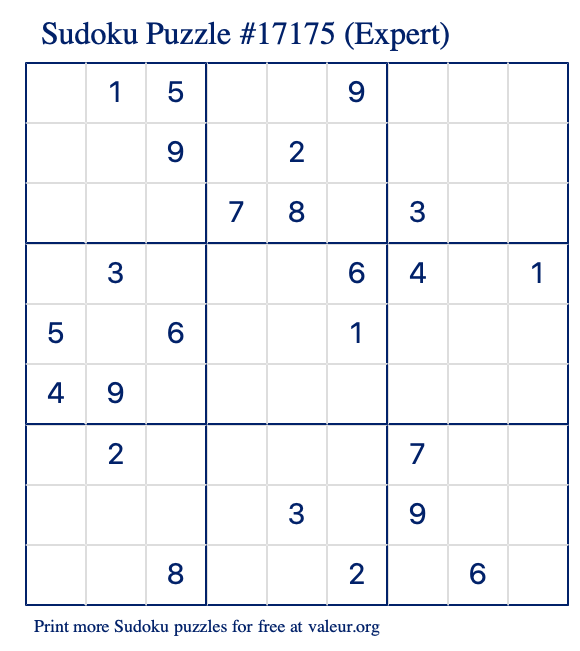 Free Printable Expert Sudoku Puzzle number 17175