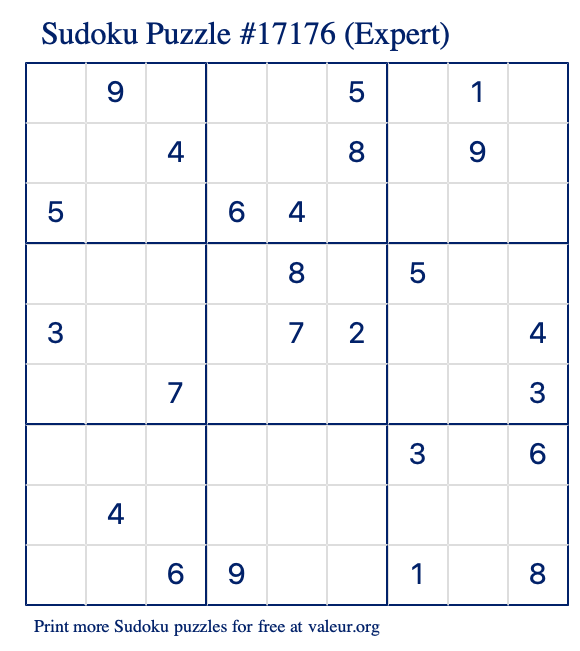 Free Printable Expert Sudoku Puzzle number 17176
